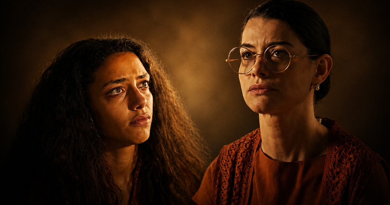Alinne Moraes e Alice Carvalho transformam Jânia e Otília em muito mais do que um símbolo de representatividade. Em Guerreiros do Sol, as personagens recebem aquilo que poucos casais LGBTQIAPN+ tiveram nas novelas brasileiras: uma história completa. Reprodução/Globoplay.